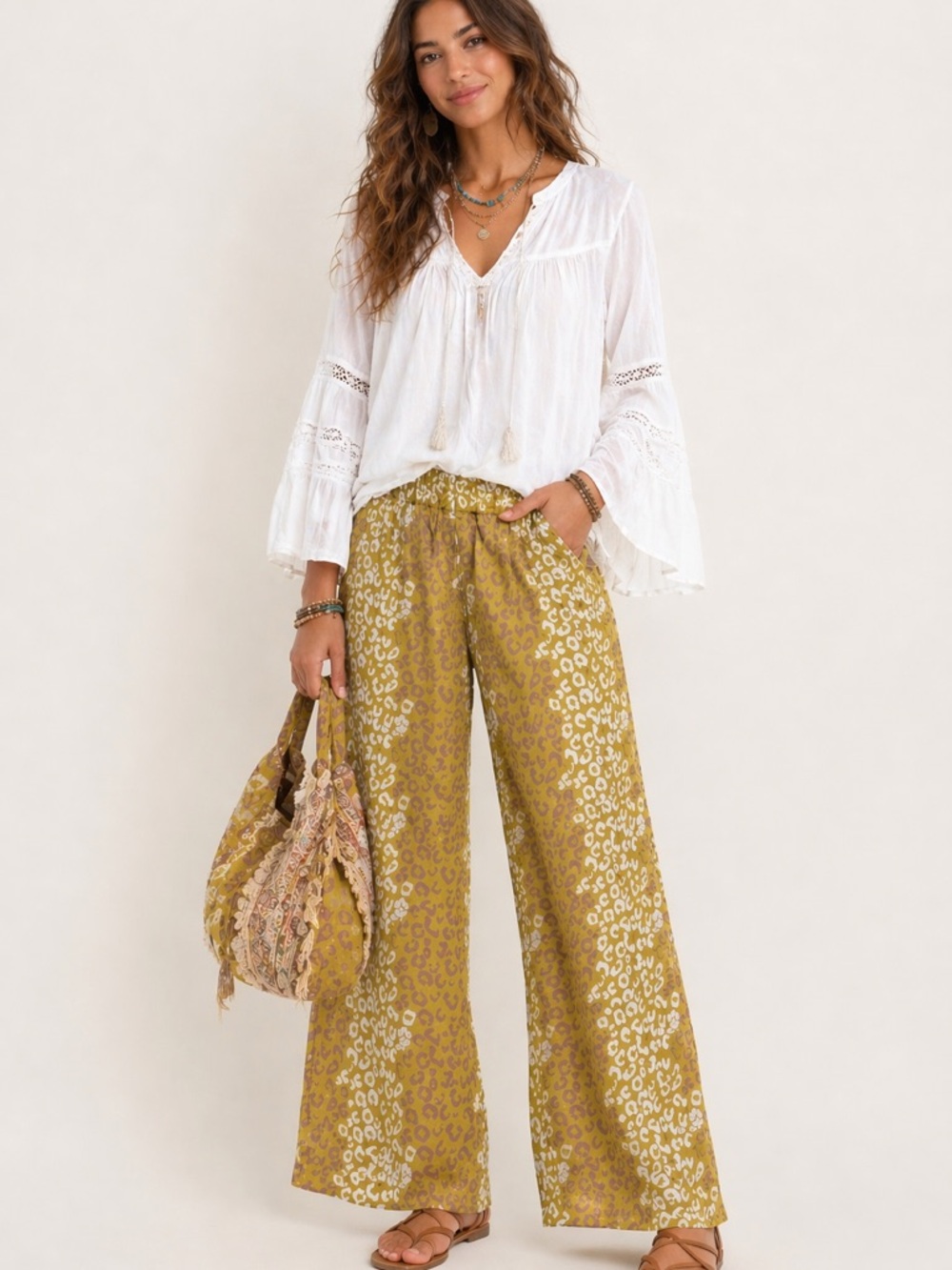 Emily Lovelock Denise Pant Yellow Animal Print Side Stripe Wide Leg Size M